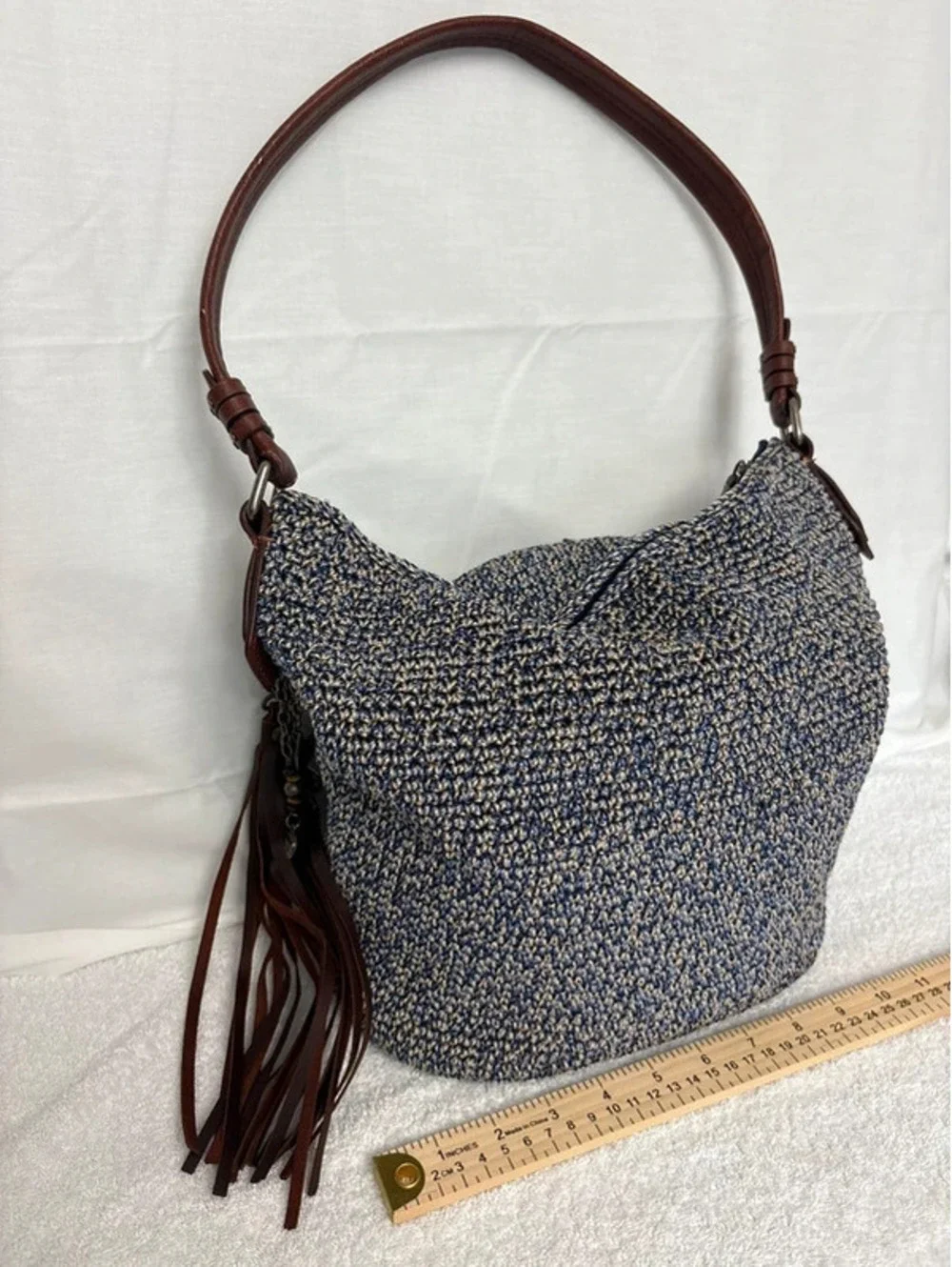 The Sak Blue Tan Crochet Hobo Shoulder Bag Leather Tassel New Without Tags